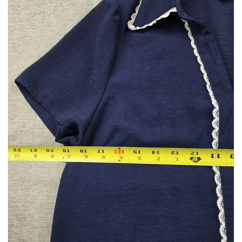 Fair Haven Women's Short Sleeve Shirt Navy with Feminine Lace Trim Demure Large - Picture 6 of 9